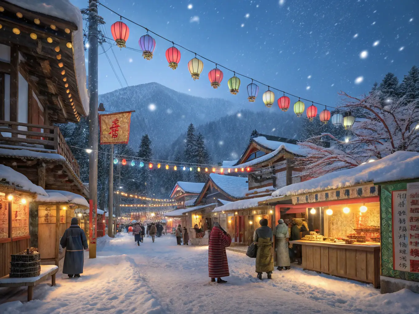 A vibrant image of a traditional Japanese winter festival in Myoko, showcasing the cultural experiences available to guests, such as local cuisine and festive celebrations.