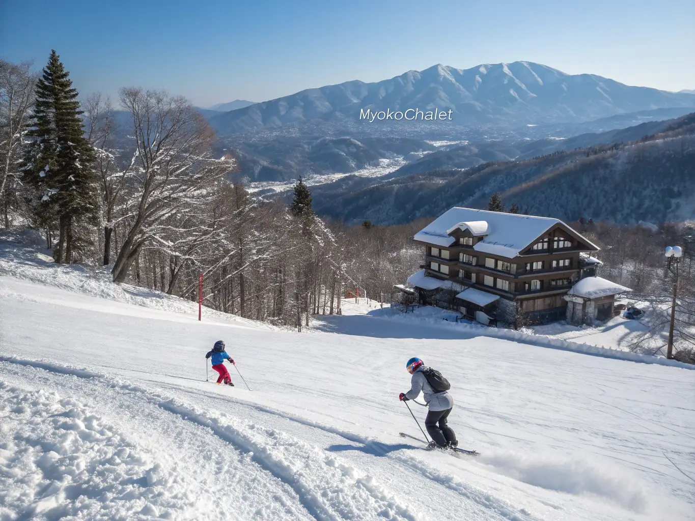 A picturesque scene of skiers gliding down a pristine, snow-covered slope in Myoko, Japan, with MyokoChalet visible in the background, emphasizing the proximity to world-class skiing.