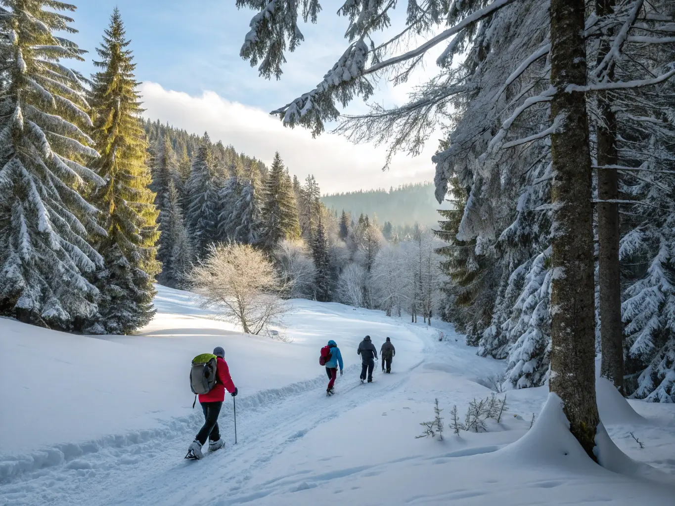 A group of people snowshoeing through a serene, snow-covered forest near MyokoChalet, capturing the tranquility and natural beauty of the winter landscape.